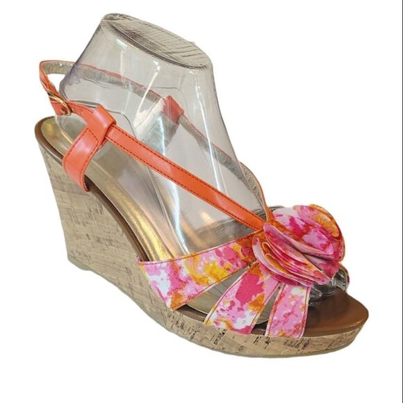 Lane Bryant Tangerine Floral Patterned Wedge Espadrille Sandals Size 10W - Picture 1 of 10